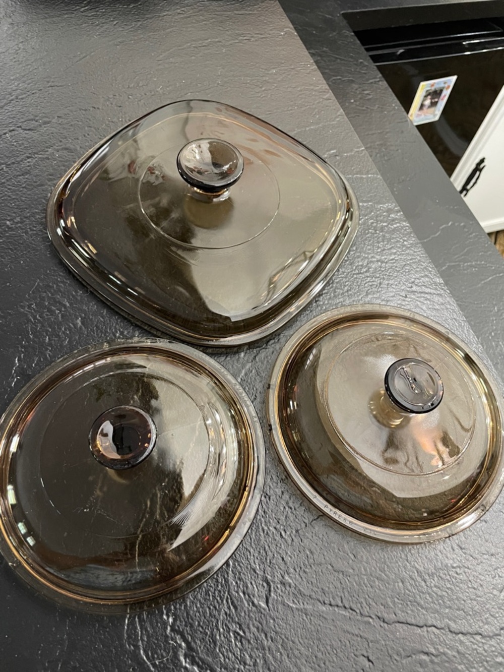 Pyrex 3 Amber Glass Pot Lids - Round and Square